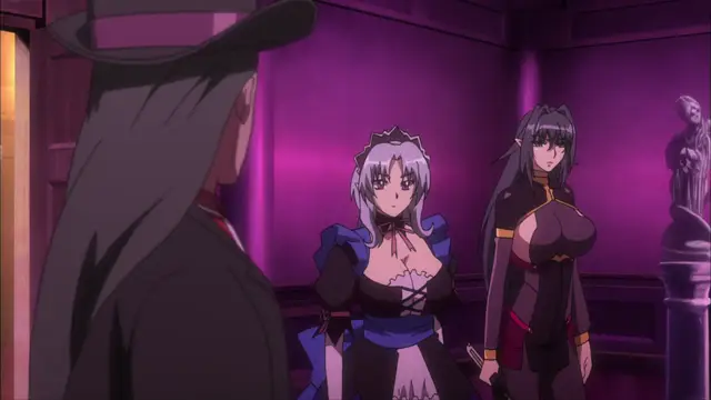 A long-haired man in a hat stands in a purple room facing a white-haired woman in a blue dress and a dark-haired woman in a tight black outfit with large breasts. Screenshot from Witch of Steel Annerose - Episode 4