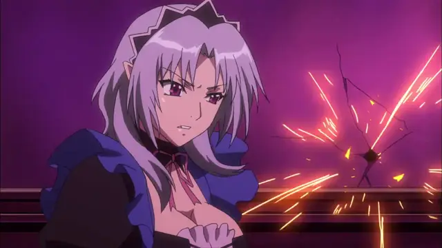 A purple-haired woman with elf ears wearing a blue and black dress and a crown looks on with a surprised expression as a chandelier shatters behind her. Screenshot from Witch of Steel Annerose - Episode 4