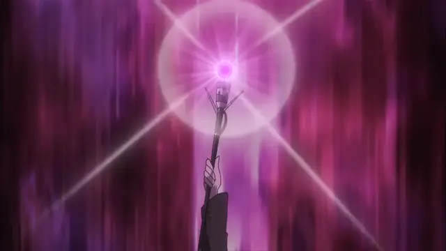 A person in a suit holds a glowing pink magical staff or wand aloft against a shimmering, dark pink and purple curtain background as light radiates from its tip. Screenshot from Witch of Steel Annerose - Episode 4