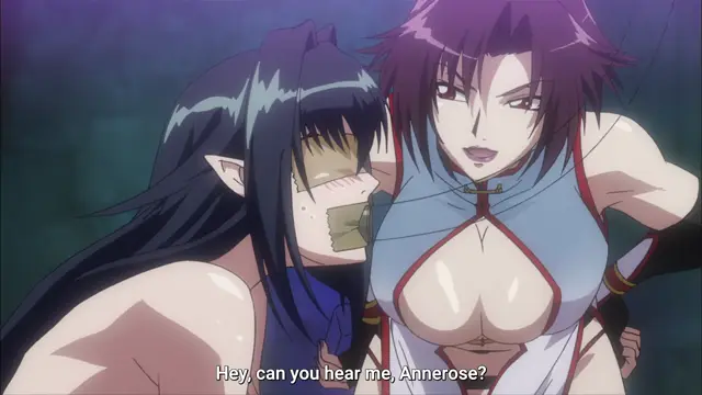 A dark-haired elf girl with her mouth taped shut is being held from behind by a woman with red hair and large breasts, with the subtitle "Hey, can you hear me, Annerose?" at the bottom of the frame. Screenshot from Witch of Steel Annerose - Episode 4