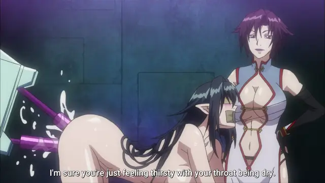 An elf girl with long black hair is shown on all fours on a table, being penetrated from behind by a large purple phallus, while a woman in a revealing white and red outfit stands over her with a smirk, with the subtitle "I'm sure you're just feeling thirsty with your throat being dry.". Screenshot from Witch of Steel Annerose - Episode 4