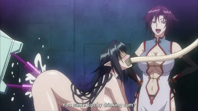 A black-haired anime girl is lying on her stomach, being milked into a long tube by a purple-haired woman in a dress, while a subtitle reads, "You came just by drinking cum?". Screenshot from Witch of Steel Annerose - Episode 4