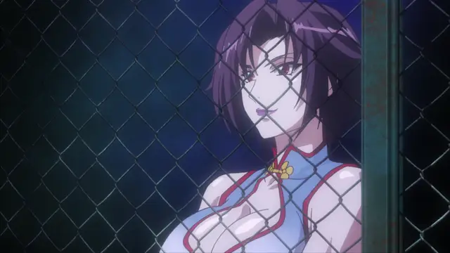 A Chinese girl with purple hair and a qipao stands behind a chain-link fence with a pouty expression. Screenshot from Witch of Steel Annerose - Episode 4