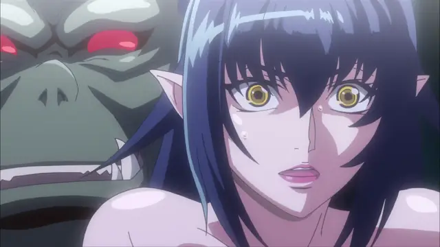 A close-up shot of a startled, topless elf woman with long dark blue hair and glowing yellow eyes, standing in front of a large green ogre with glowing red eyes. Screenshot from Witch of Steel Annerose - Episode 4
