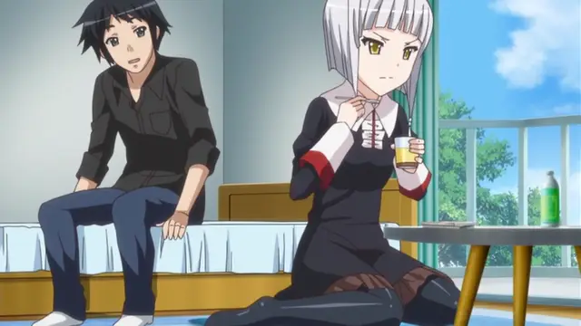 A black-haired man sits on a bed looking surprised as a white-haired woman in a black dress sits on the floor holding a glass of beer. Screenshot from Please Rape Me! - Episode 1
