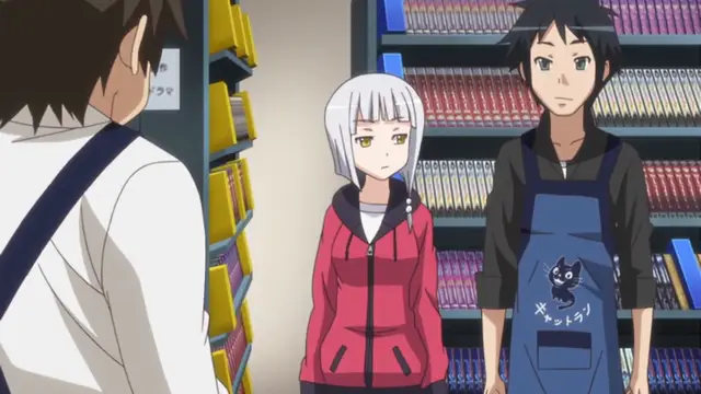 A girl with white hair and yellow eyes stands between two men in a bookstore, looking towards the man on the right who is wearing a blue apron with a cat logo. Screenshot from Please Rape Me! - Episode 1