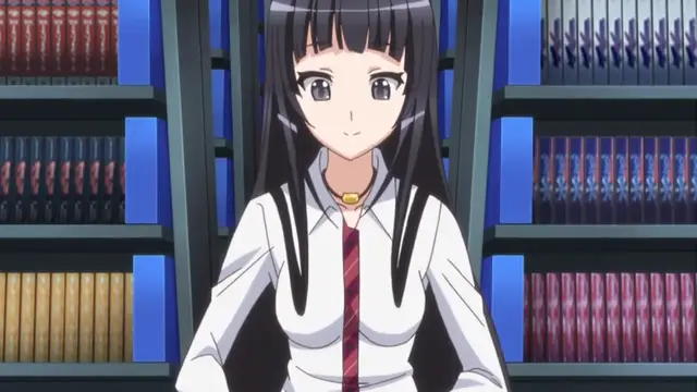 A young woman with long black hair and a school uniform stands in front of a library bookshelf, looking forward with a slight smile. Screenshot from Please Rape Me! - Episode 1