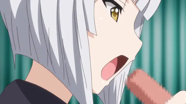 A close-up shot shows an anime girl with long white hair and wide eyes looking shocked as she performs oral sex on a pixelated penis. Screenshot from Please Rape Me! - Episode 1