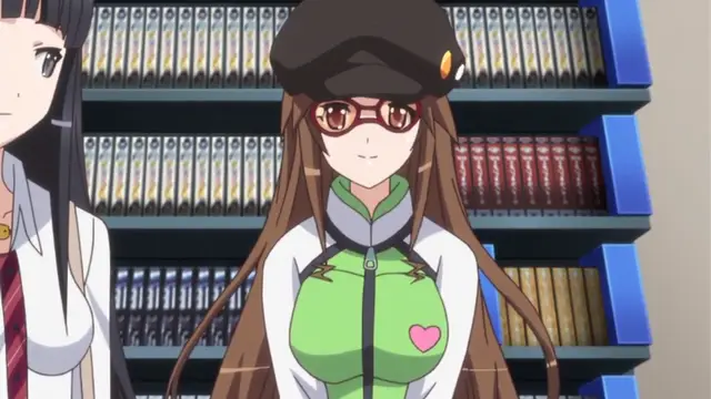 A girl with brown hair, glasses, and a large hat stands in a library with another girl beside her. Screenshot from Please Rape Me! - Episode 1