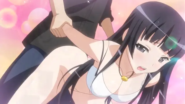 A dark-haired anime girl in a white bikini and gold necklace looks startled as she is grabbed by the arm from behind by a man in a suit. Screenshot from Please Rape Me! - Episode 1