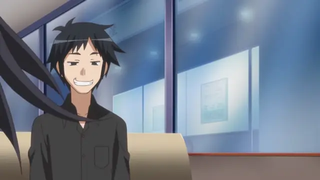 A black-haired anime man with a wide grin stands in an office setting, while a woman's long black hair is visible in the foreground on the left. Screenshot from Please Rape Me! - Episode 1