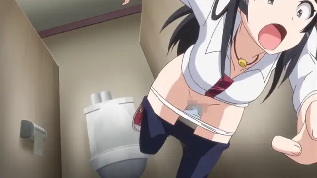 A surprised anime schoolgirl with long black hair and a white blouse stands in a bathroom with her pants pulled down, revealing her genitals and her underwear. Screenshot from Please Rape Me! - Episode 1