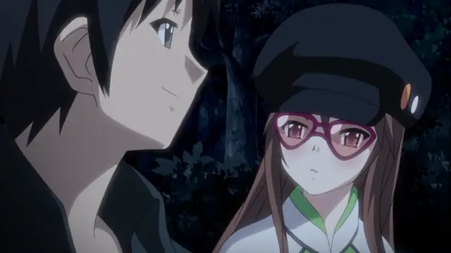 A male anime character with black hair looks towards a female anime character wearing a dark uniform, a black cap, and red-rimmed glasses, who has a blushing face and looks surprised in a dark forest setting. Screenshot from Please Rape Me! - Episode 2
