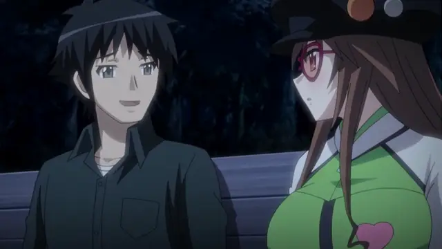 A boy with black hair wearing a black shirt and a girl with long brown hair wearing a green jacket and a hat sit on a park bench at night, looking at each other with neutral expressions. Screenshot from Please Rape Me! - Episode 2