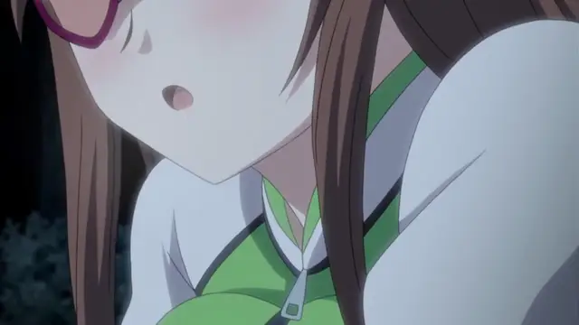 A blushing anime girl with long brown hair and glasses, wearing a green and white uniform, looks down with a surprised expression. Screenshot from Please Rape Me! - Episode 2