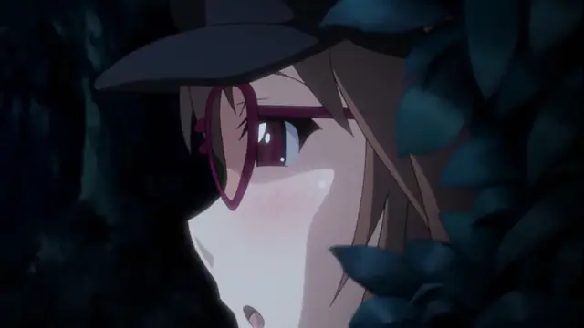 A blushing anime girl with glasses and a hat peers out from behind dense foliage in a dark forest. Screenshot from Please Rape Me! - Episode 2