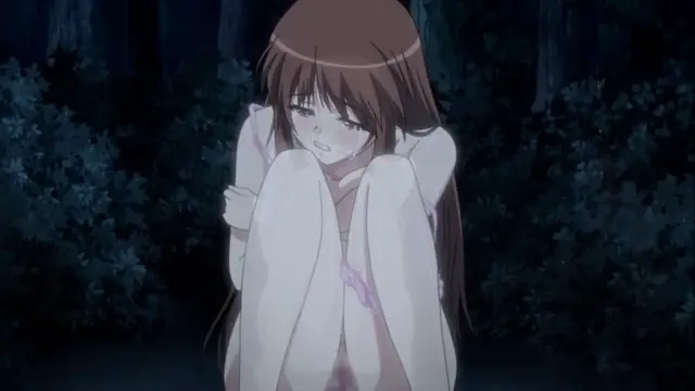 A crying anime girl with long brown hair sits huddled and naked in a dark forest, looking distressed with tears streaming down her face. Screenshot from Please Rape Me! - Episode 2