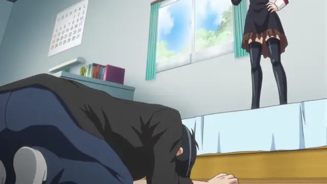 A girl in a school uniform with long black hair is face-down on the floor in a classroom while another girl in a black skirt and stockings stands over her. Screenshot from Please Rape Me! - Episode 2