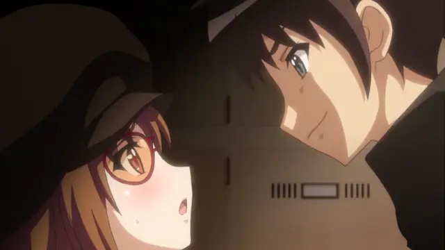 A young man with dark hair and a smirk leans in close to a blushing girl wearing a black hat and red-rimmed glasses, who has a shocked expression on her face. Screenshot from Please Rape Me! - Episode 2