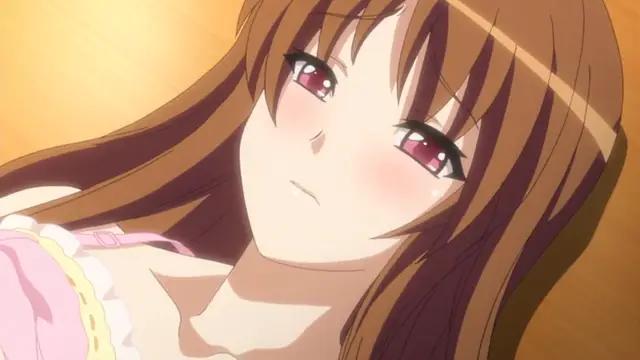 A close-up shot of a brown-haired anime girl with red eyes, blushing and looking down with a dazed, ahegao expression while lying on a yellow surface. Screenshot from Please Rape Me! - Episode 2