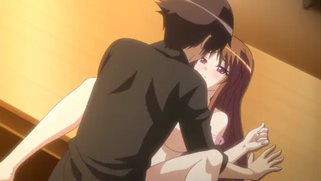 A man in a black shirt leans over a woman with long red hair, pinning her against a wooden wall while they engage in sexual intercourse. Screenshot from Please Rape Me! - Episode 2