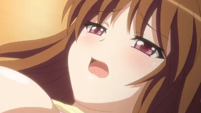 A blushing anime girl with long brown hair and red eyes gasps with her mouth open, appearing to be in a state of pleasure or arousal. Screenshot from Please Rape Me! - Episode 2