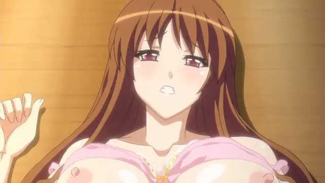 A long-haired anime girl with blushing cheeks and a dazed expression lies against a wooden wall while wearing a revealing pink outfit that exposes her large breasts and nipples. Screenshot from Please Rape Me! - Episode 2