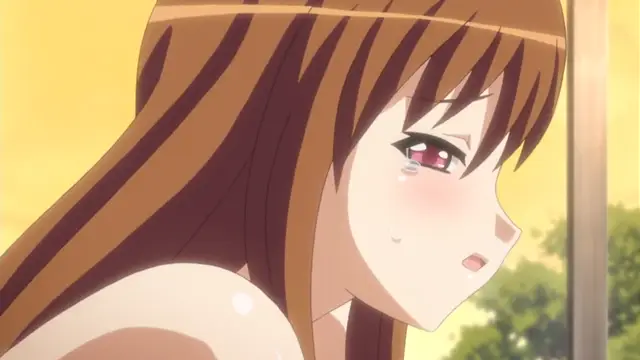 A blushing anime girl with long brown hair and red eyes looks to the side with a teary expression while sweating, appearing to be in a state of arousal or distress. Screenshot from Please Rape Me! - Episode 2