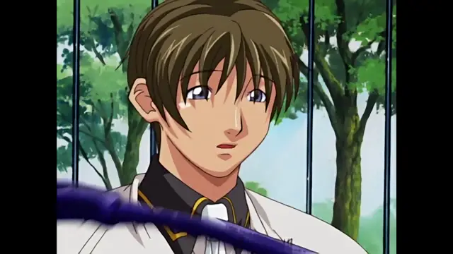 A brown-haired male anime character wearing a white school uniform with a black collar and a blue tie looks concerned while standing in front of a background of trees and a fence. Screenshot from Discipline - Episode 1