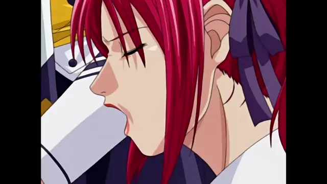 A close-up shot of an anime girl with red hair and a purple bow, her eyes closed and mouth open in a state of arousal or pleasure while she is being penetrated from behind. Screenshot from Discipline - Episode 1