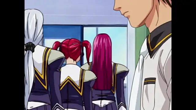 A male anime character looks on as three girls in white and navy uniforms stand in a room. Screenshot from Discipline - Episode 1