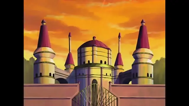 A majestic white and gold castle with red-roofed towers stands against a vibrant orange sunset sky behind a closed golden gate. Screenshot from Discipline - Episode 1
