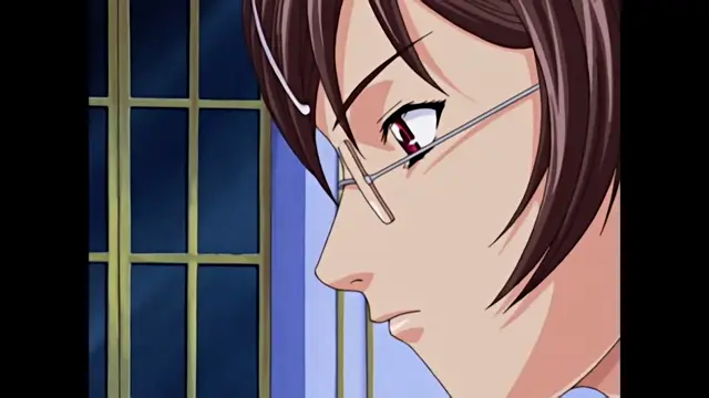 A close-up profile shot of a brown-haired woman with glasses looking down pensively in an anime style. Screenshot from Discipline - Episode 1