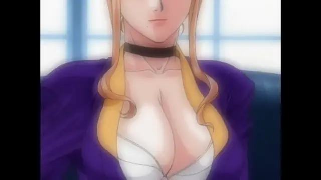 An anime woman with long blonde hair, wearing a purple blazer and a white top that exposes her large breasts, sits in an office setting with a choker around her neck. Screenshot from Discipline - Episode 1