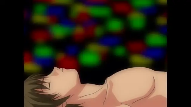 A shirtless male character with brown hair lies on his back against a dark background with blurry colorful lights. Screenshot from Discipline - Episode 1