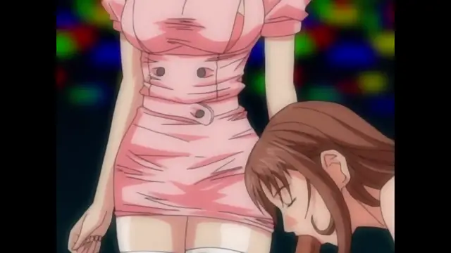In this anime frame, a woman in a pink dress stands over another brown-haired woman who is kneeling before her with her eyes closed. Screenshot from Discipline - Episode 1