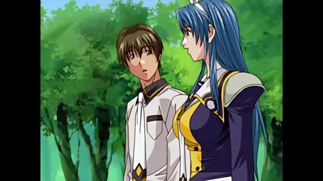A brown-haired man in a white and gold uniform looks surprised as a blue-haired woman in a matching uniform stands close to him in a forest. Screenshot from Discipline - Episode 2