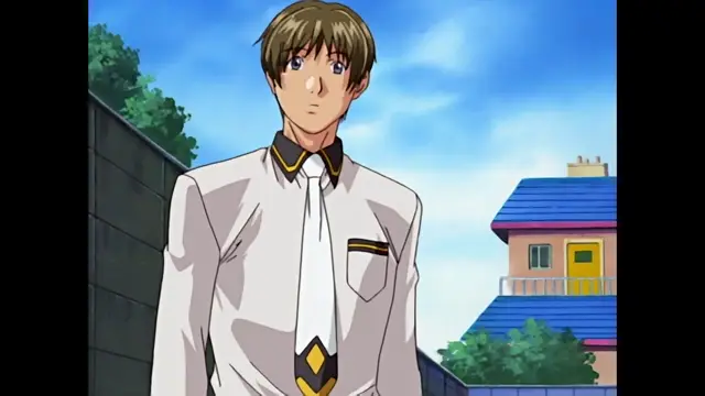 A young male student with brown hair and a worried expression stands outdoors in a school uniform with a white shirt and tie. Screenshot from Discipline - Episode 2