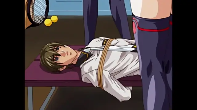 A male anime character with brown hair lies bound to a table with a rope around his chest while being penetrated from behind by a standing figure. Screenshot from Discipline - Episode 2