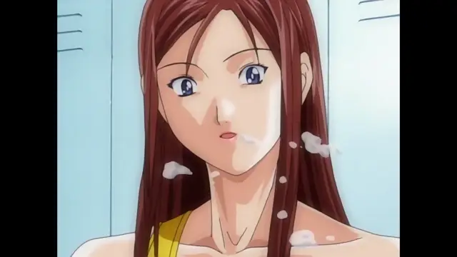 A close-up shot of a long-haired anime woman with blue eyes and a shocked expression, covered in soap suds in a bath. Screenshot from Discipline - Episode 2
