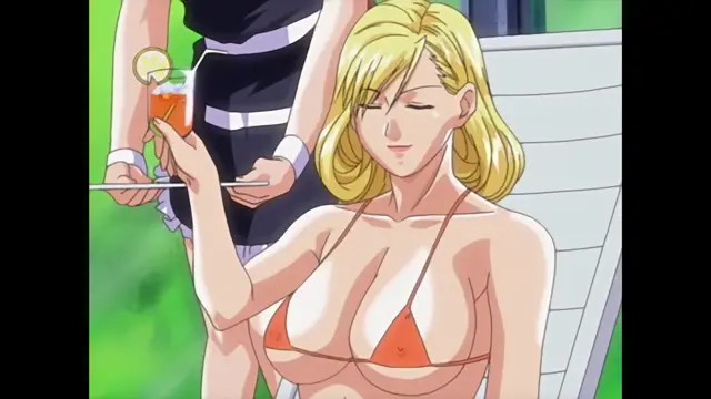 A blonde woman in a bikini sits on a poolside lounge chair with her eyes closed, holding a drink as a person in a black dress stands behind her. Screenshot from Discipline - Episode 2