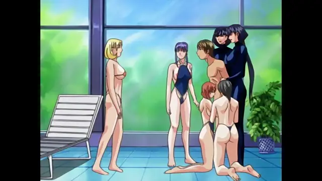 A group of anime girls in swimwear are gathered in a room with large windows, where one girl stands alone to the left, one stands in the middle, and three others are grouped together to the right, with one kneeling in front of another. Screenshot from Discipline - Episode 2