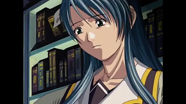 A close-up shot of an anime girl with long blue hair and green eyes looking concerned while standing in front of a bookshelf. Screenshot from Discipline - Episode 2