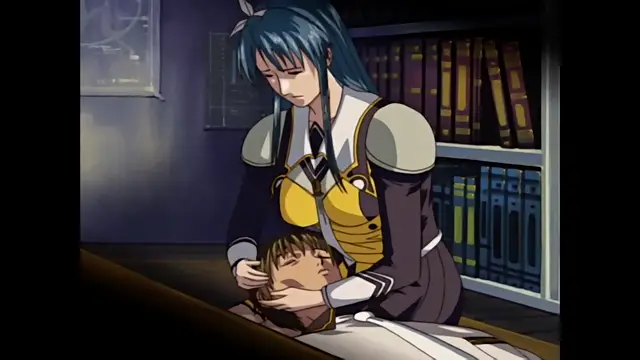 A blue-haired woman in a formal yellow and black uniform holds a man's face while he lies unconscious on a bed in a room with bookshelves. Screenshot from Discipline - Episode 2