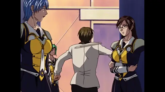 A brown-haired man in a white suit stands with his back to the viewer, holding the hand of a small green-haired girl while facing two tall women in golden and black armor-like uniforms and another man with glasses in a similar uniform. Screenshot from Discipline - Episode 2