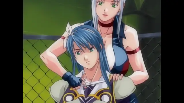 A tall woman with long white hair and a red choker stands behind a blue-haired girl in a wrestling ring, placing her hands on the smaller girl's shoulders. Screenshot from Discipline - Episode 2