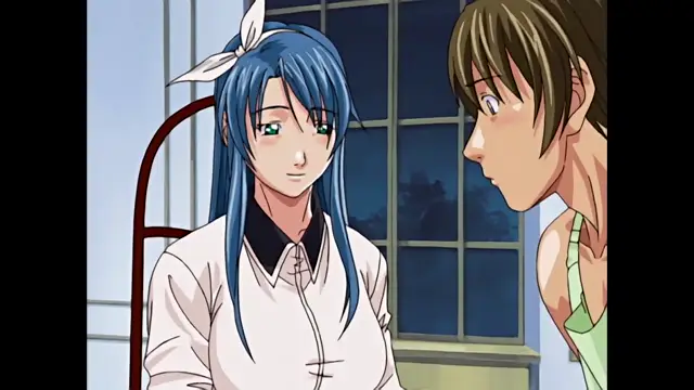 A girl with long blue hair and a white shirt looks at a blushing woman in a green tank top who is leaning in towards her in a school classroom setting. Screenshot from Discipline - Episode 3