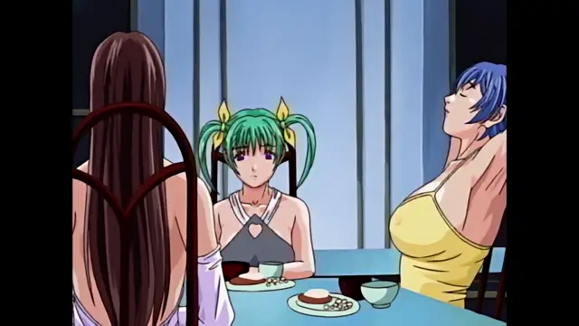 Three anime women sit around a table with food, where a blue-haired woman leans back with her eyes closed while a green-haired girl looks on with a concerned expression. Screenshot from Discipline - Episode 3