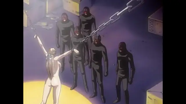 A naked anime woman with long blonde hair is chained by her wrists to the ceiling and surrounded by five masked men in black bodysuits in a dimly lit room. Screenshot from Discipline - Episode 3