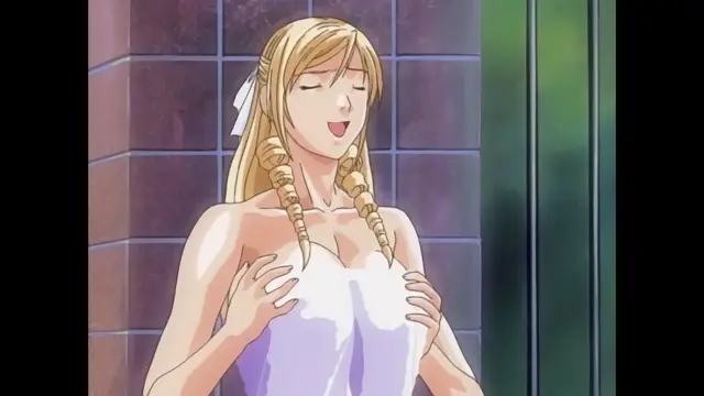 A blonde woman with braided hair and closed eyes looks down at her white lingerie, holding the edges of the fabric against her chest while expressing a pleasurable expression in a bathroom-like setting. Screenshot from Discipline - Episode 3